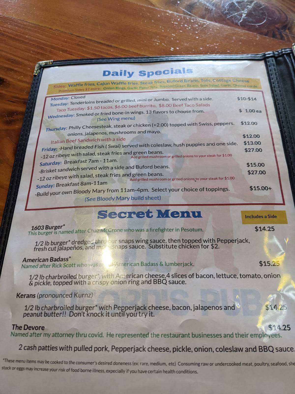 Menu at Buford’s pub & bar, Sadorus