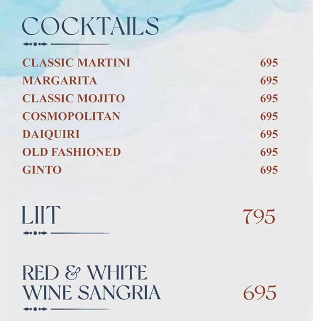 DIAZ Pool Club & Bar , Goa menu