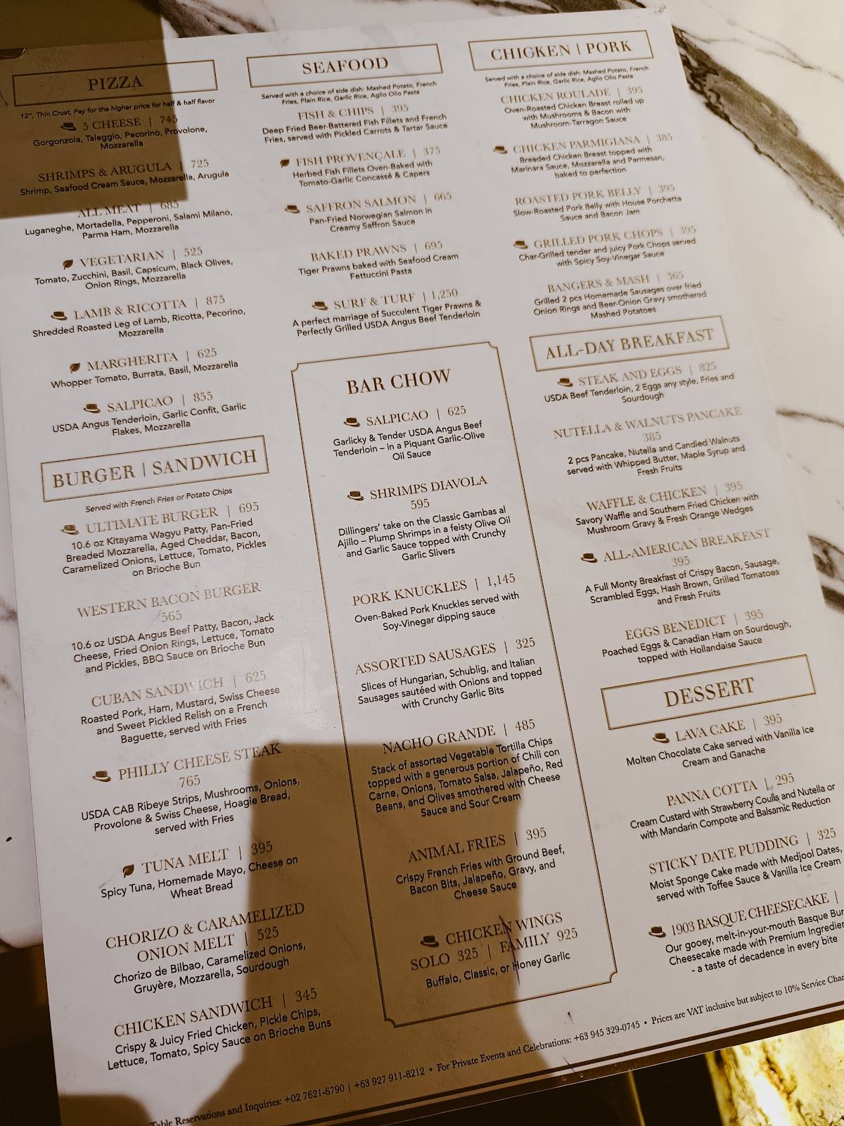 Menu at Dillingers 1903 Steak and Brew pub & bar, Makati