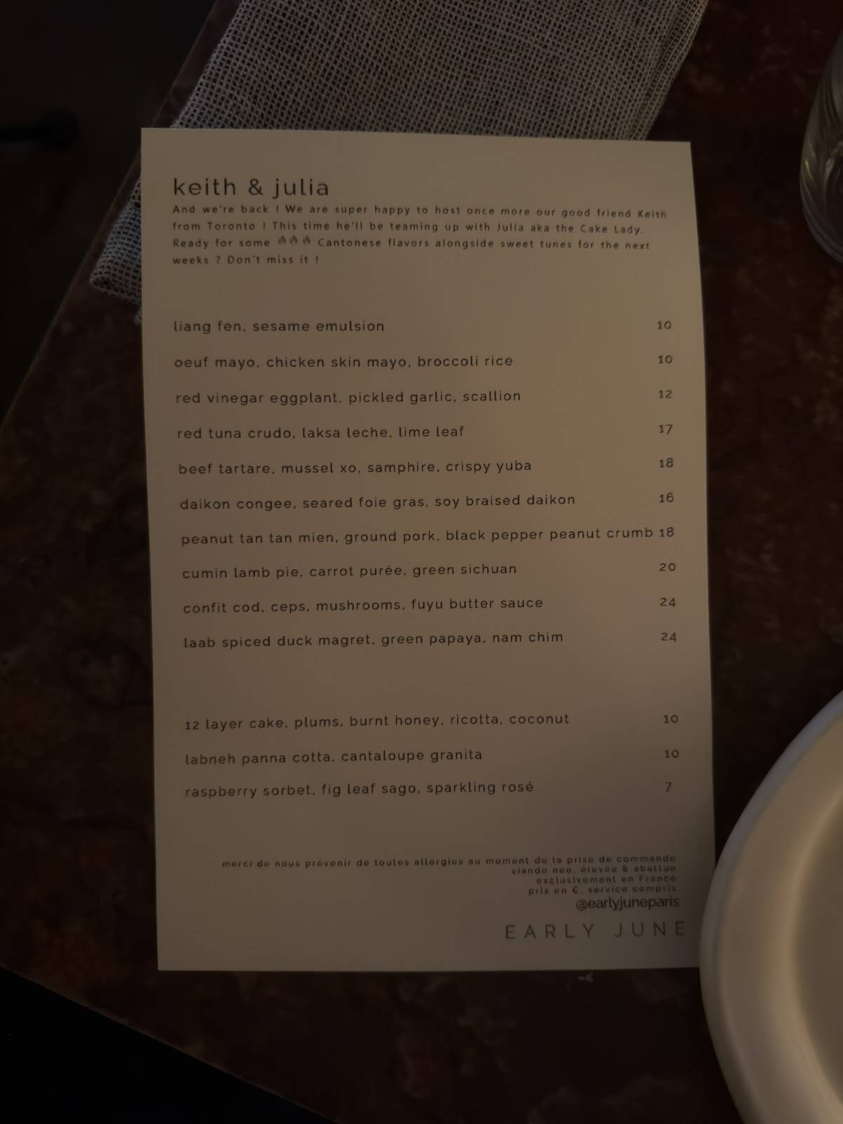 Menu de Early June