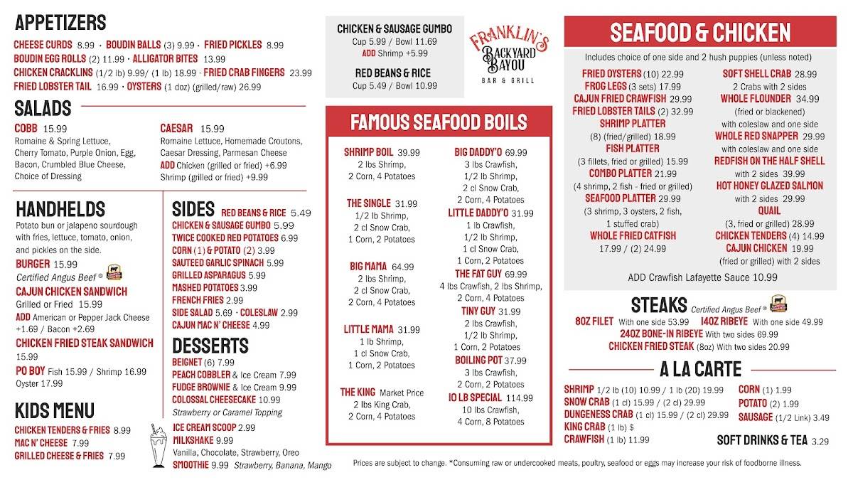 Menu at Franklin's Backyard Bayou pub & bar, Victoria