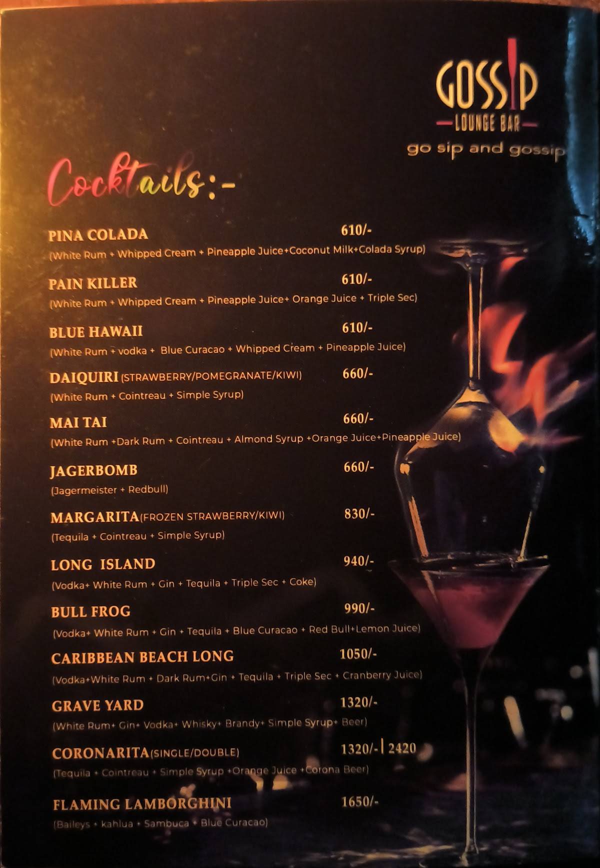 Gossip Lounge menu