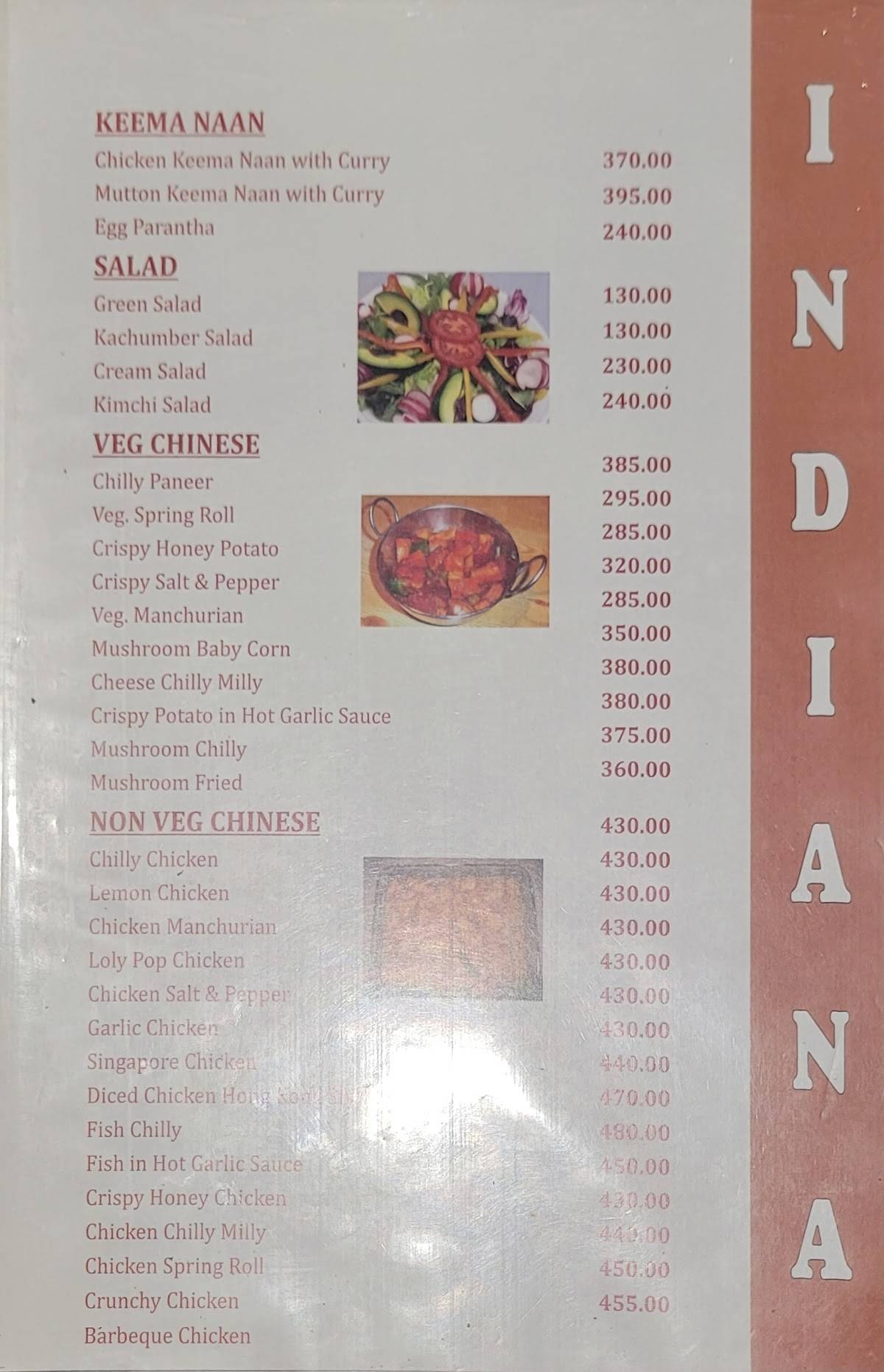 Indiana Bar And Restaurant menu