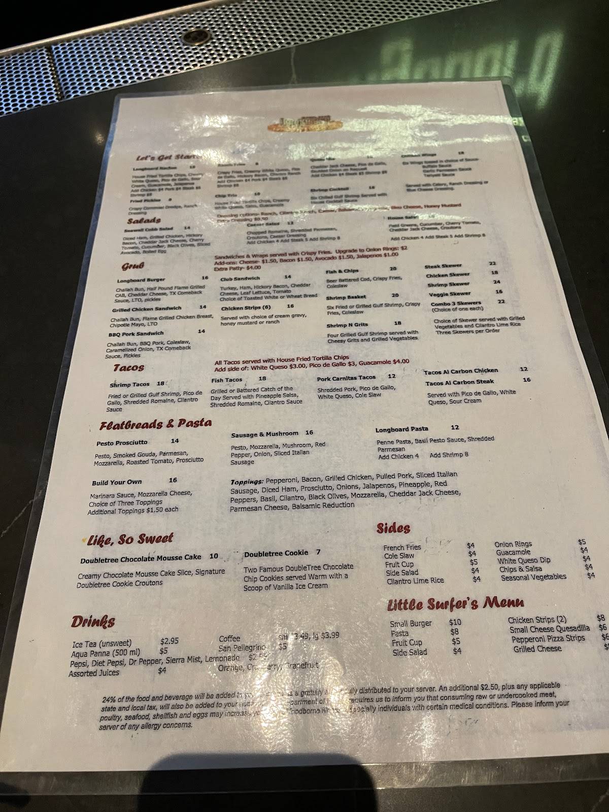 Menu at Longboard Pool Bar, Galveston