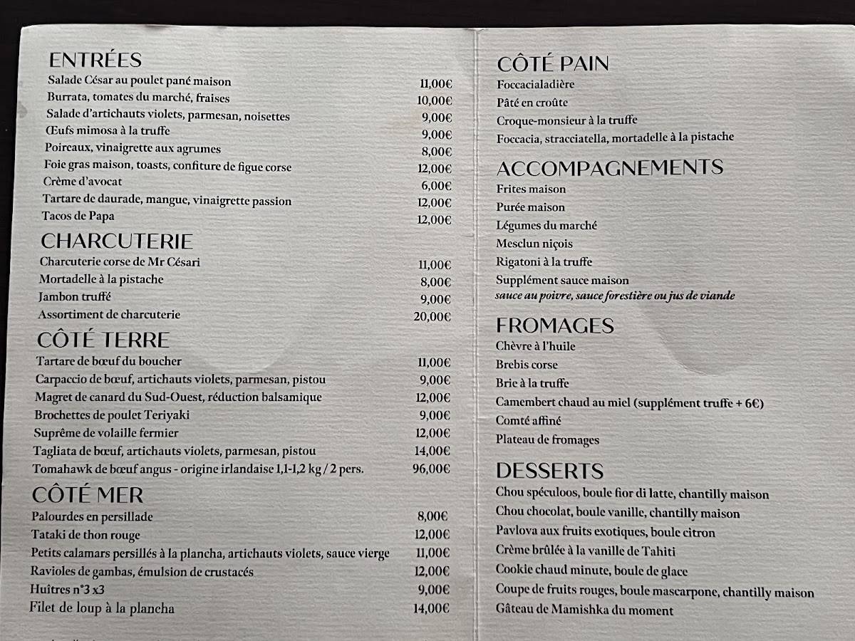 Menu de Restaurant PAPA chez papa