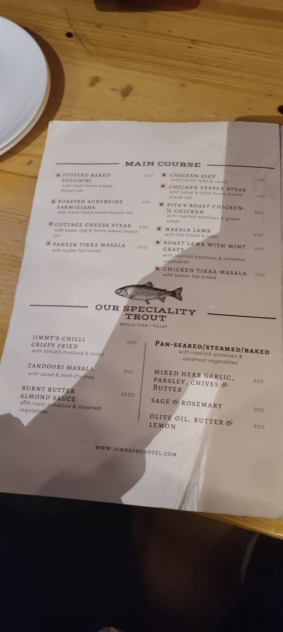 The Johnson's Cafe Hotel & Bar menu