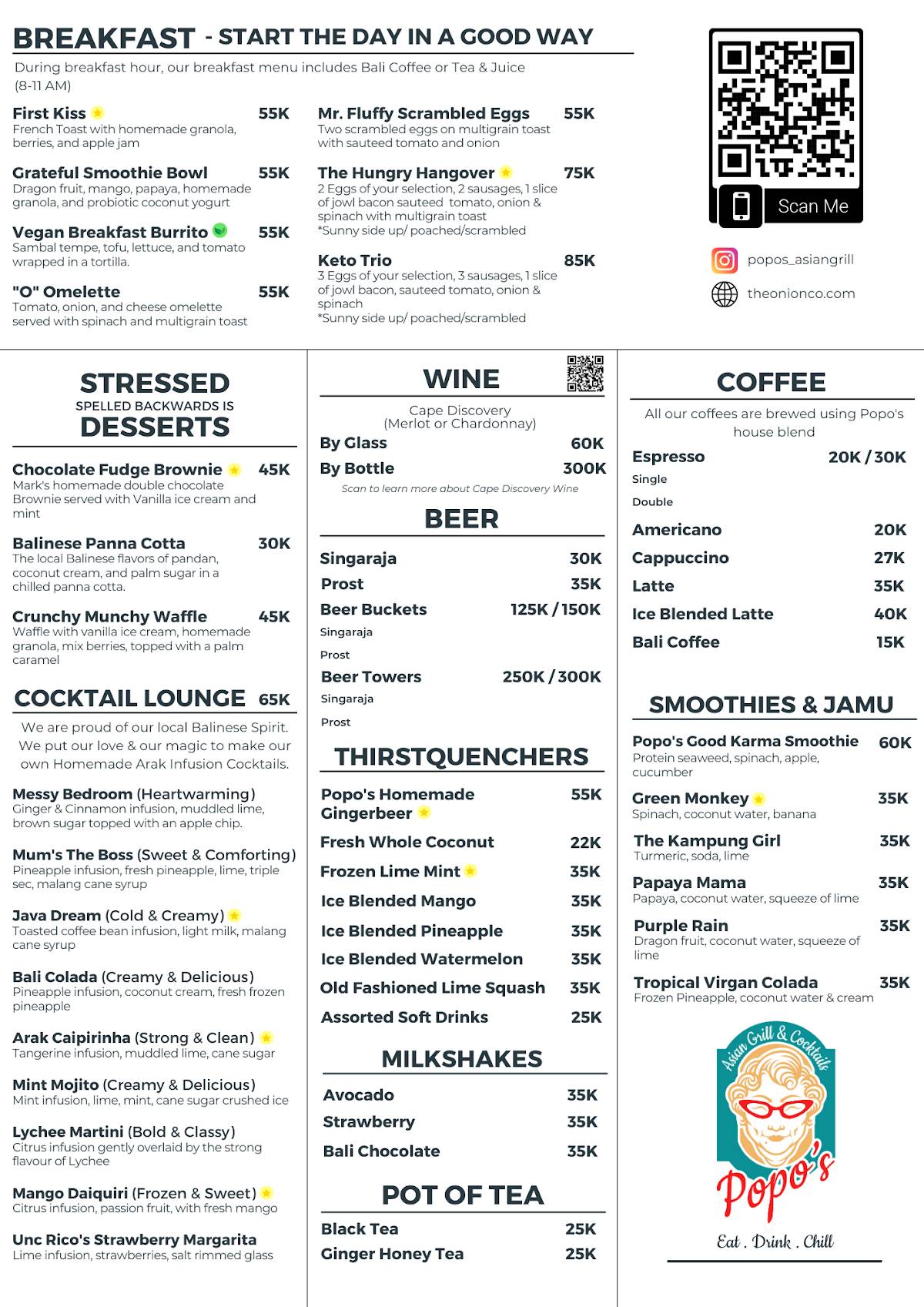 Carta de The Onion Co & Popo's Restaurant, Ubud