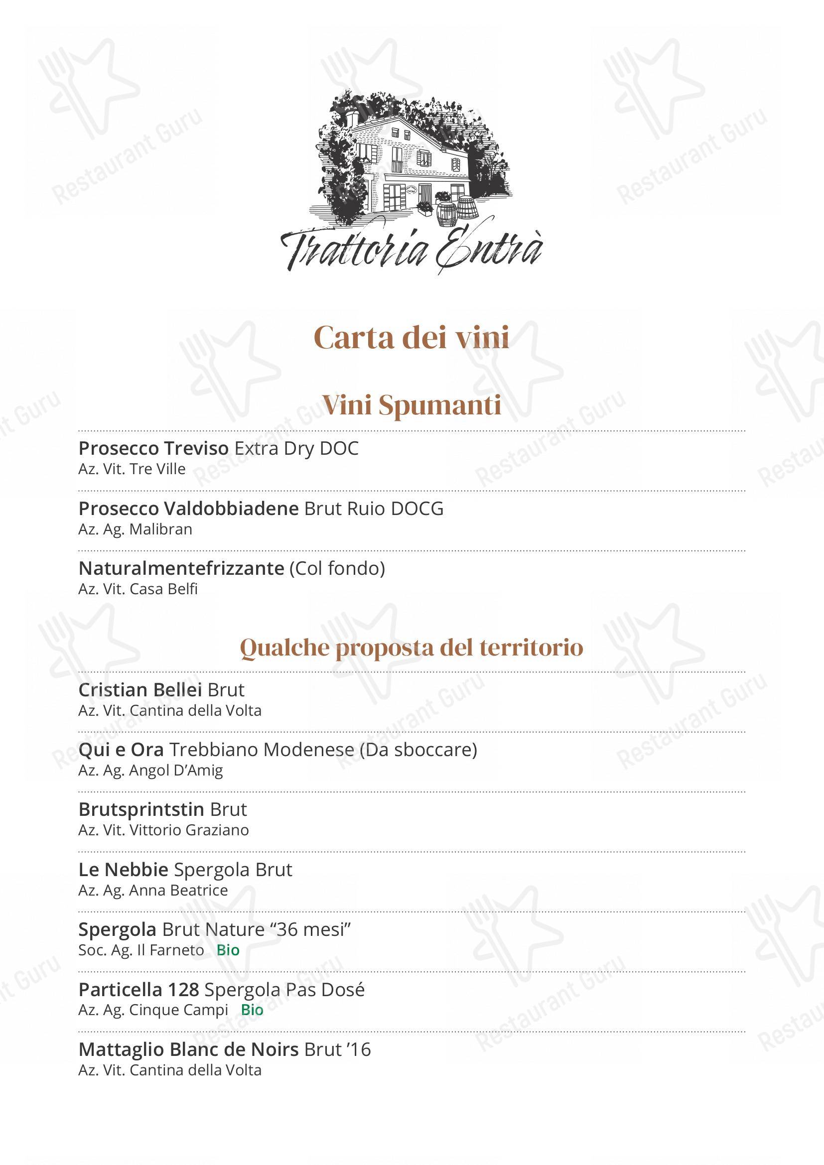 Menu bar per Trattoria Entrà pub & bar
