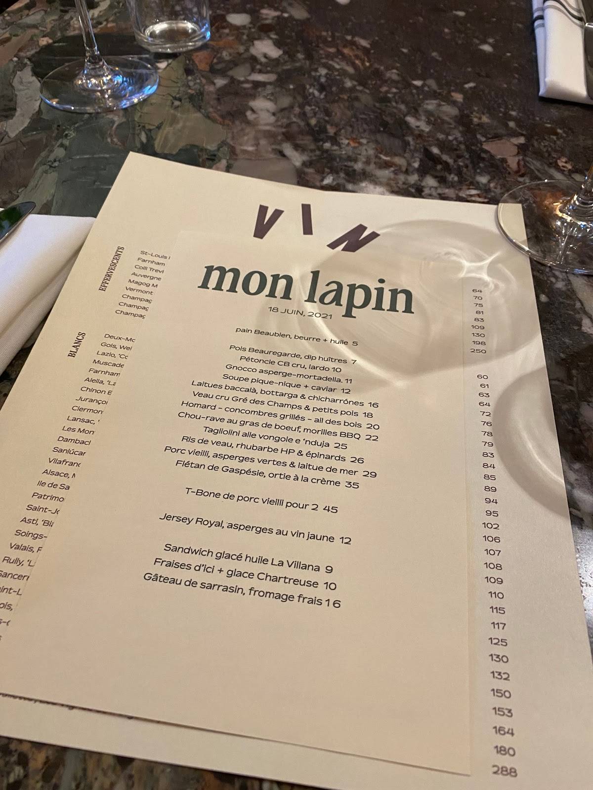 Menu au Mon Lapin pub et bar Montréal