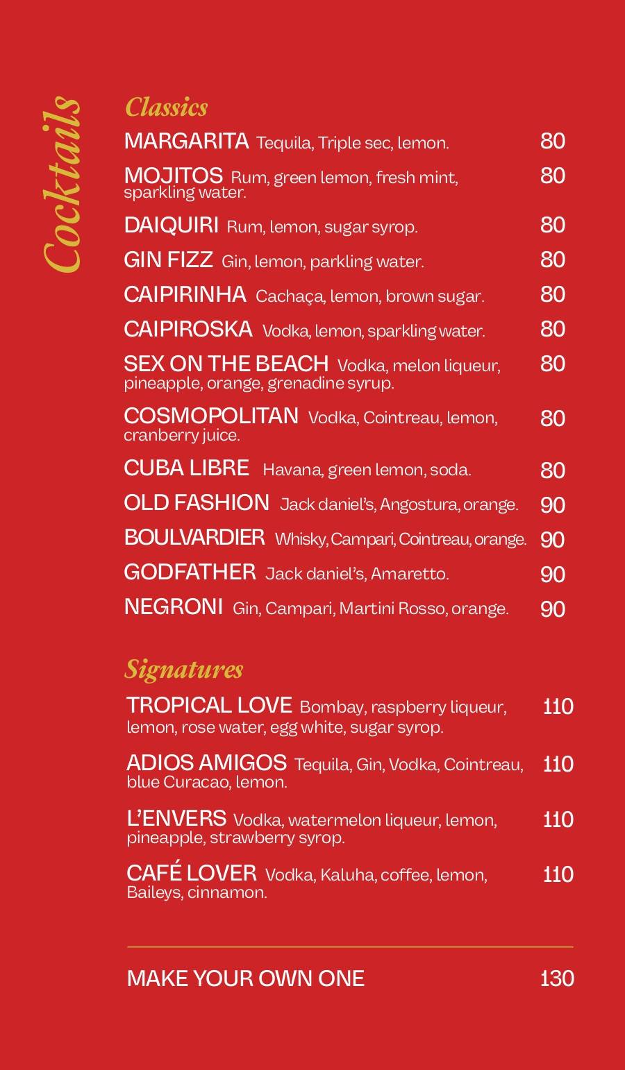 Menu de L'ENVERS Electro Bar Marrakech