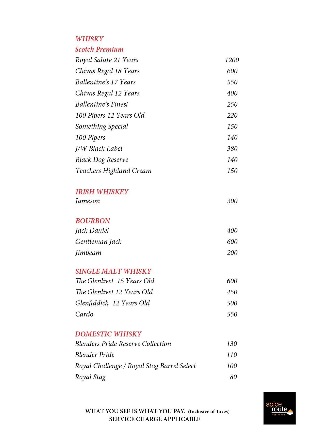 Spice Route Resto Pub menu