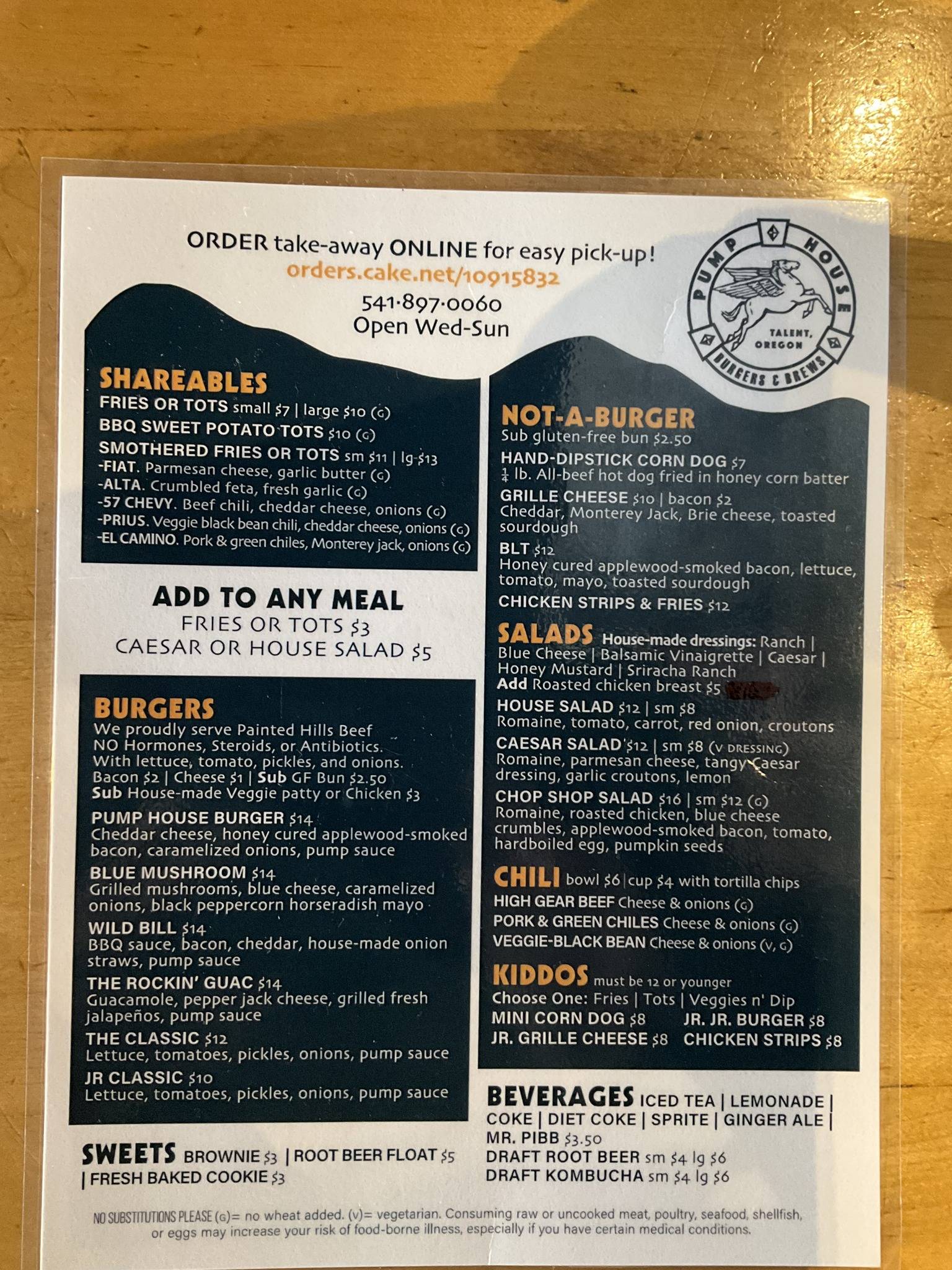 Menu at Pump House Burgers and Tacos pub & bar, Talent