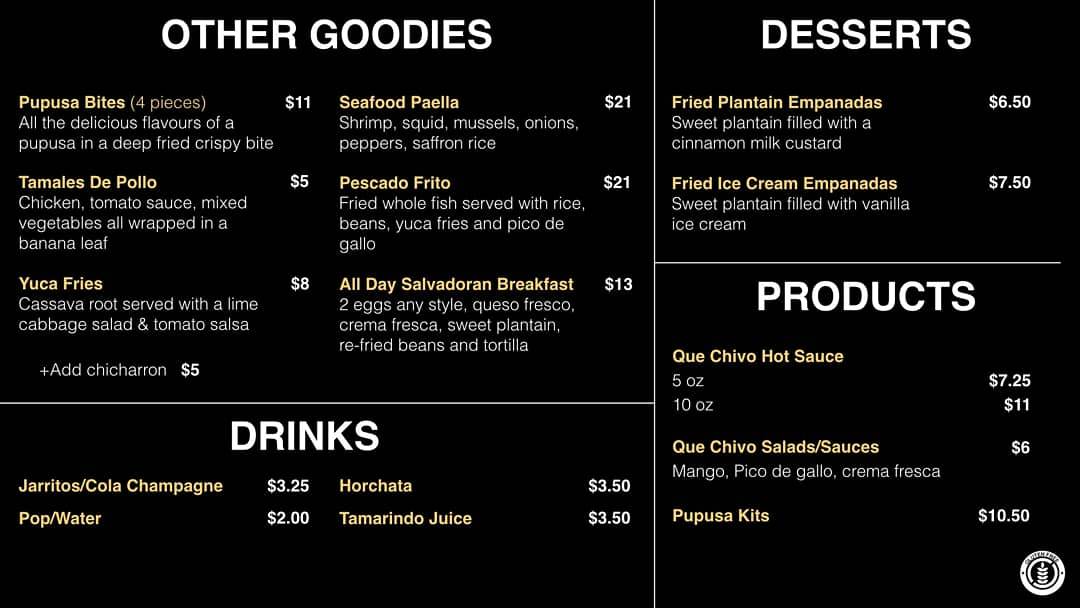 Menu de Que Chivo Salvadoran Street Food