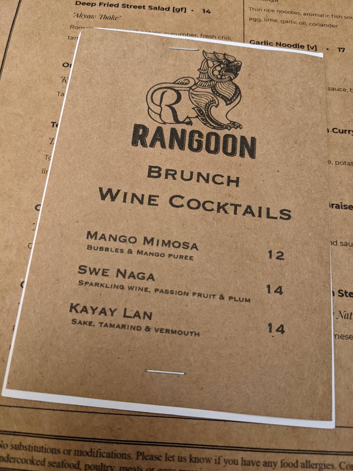 Menu at Rangoon restaurant, New York City