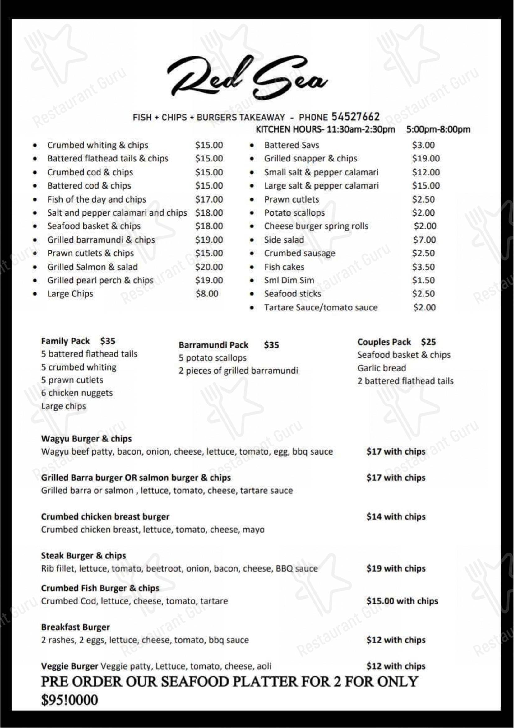 Menu at Red Sea Steak and Seafood restaurant, Maroochydore