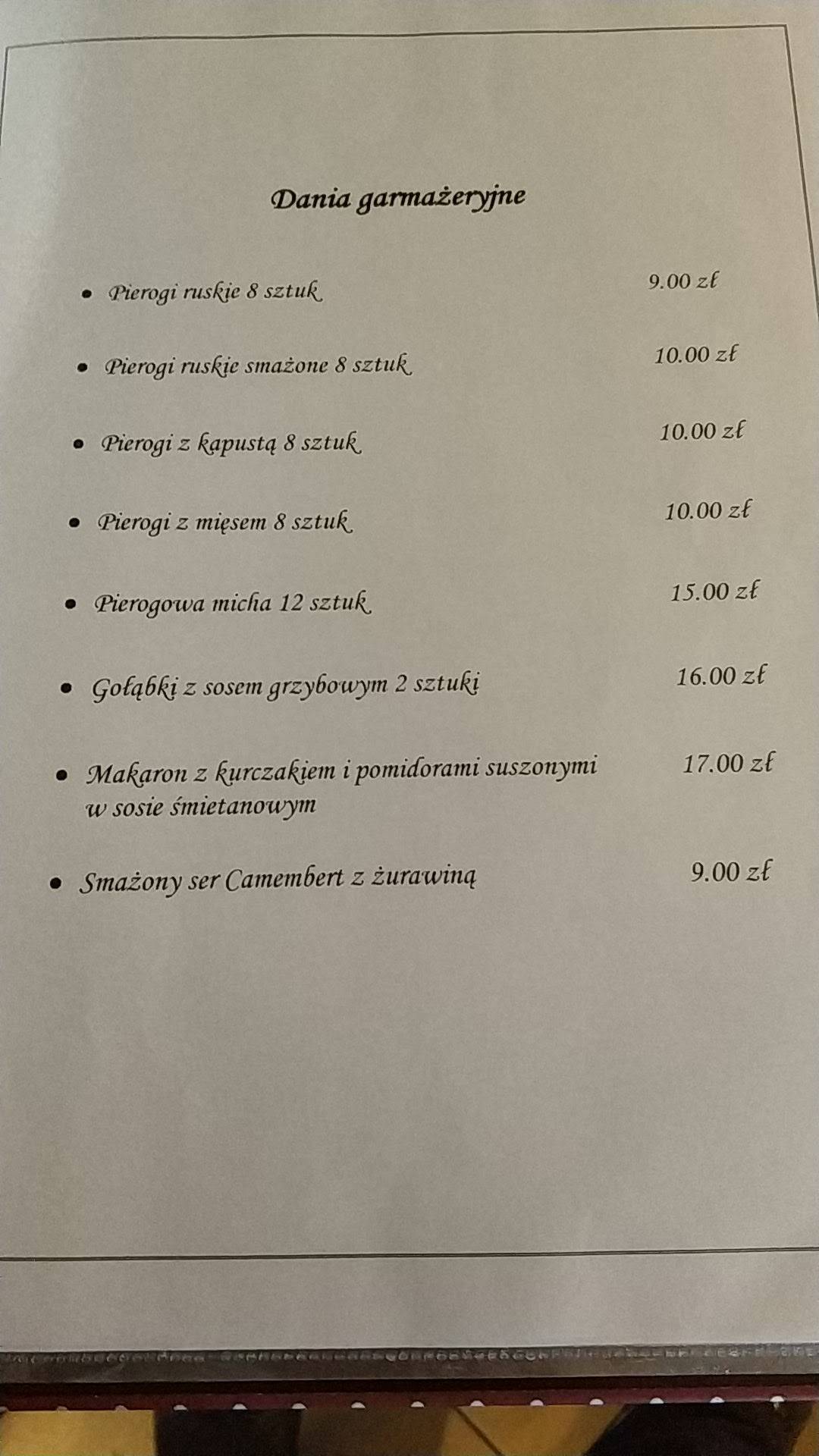 Menu at Restauracja 