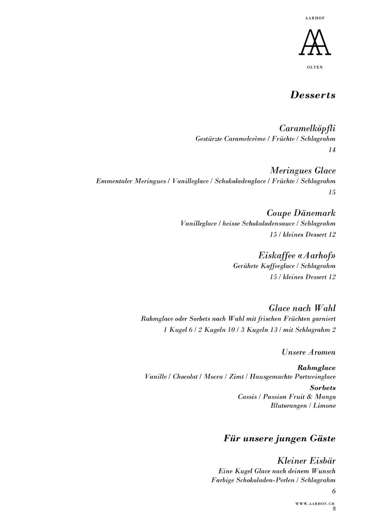 Menu de Restaurant Aarhof
