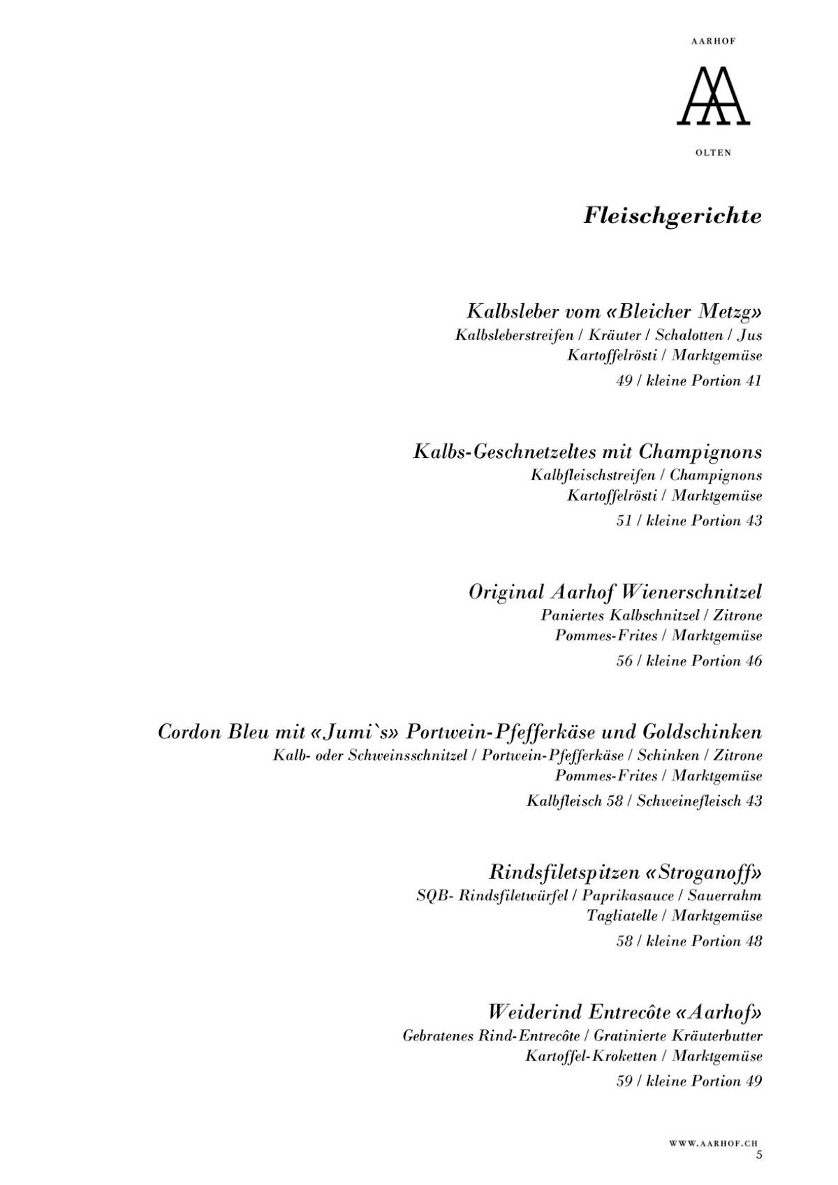 Menu de Restaurant Aarhof