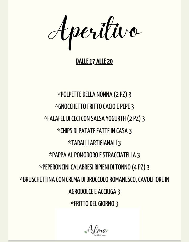 Menu di Alma vino, dolci e cucina 