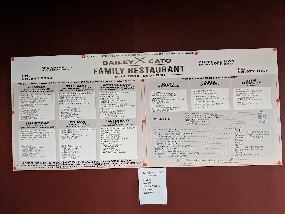 Menu at Bailey & Cato restaurant, Nashville, Gallatin Pike S