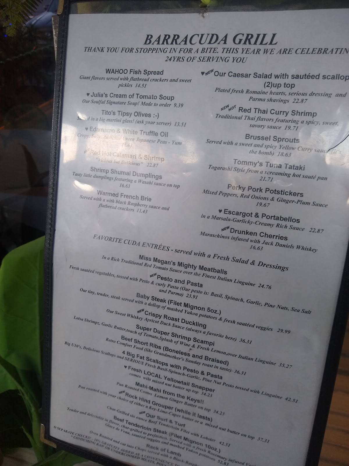Menu at Barracuda Grill, Marathon
