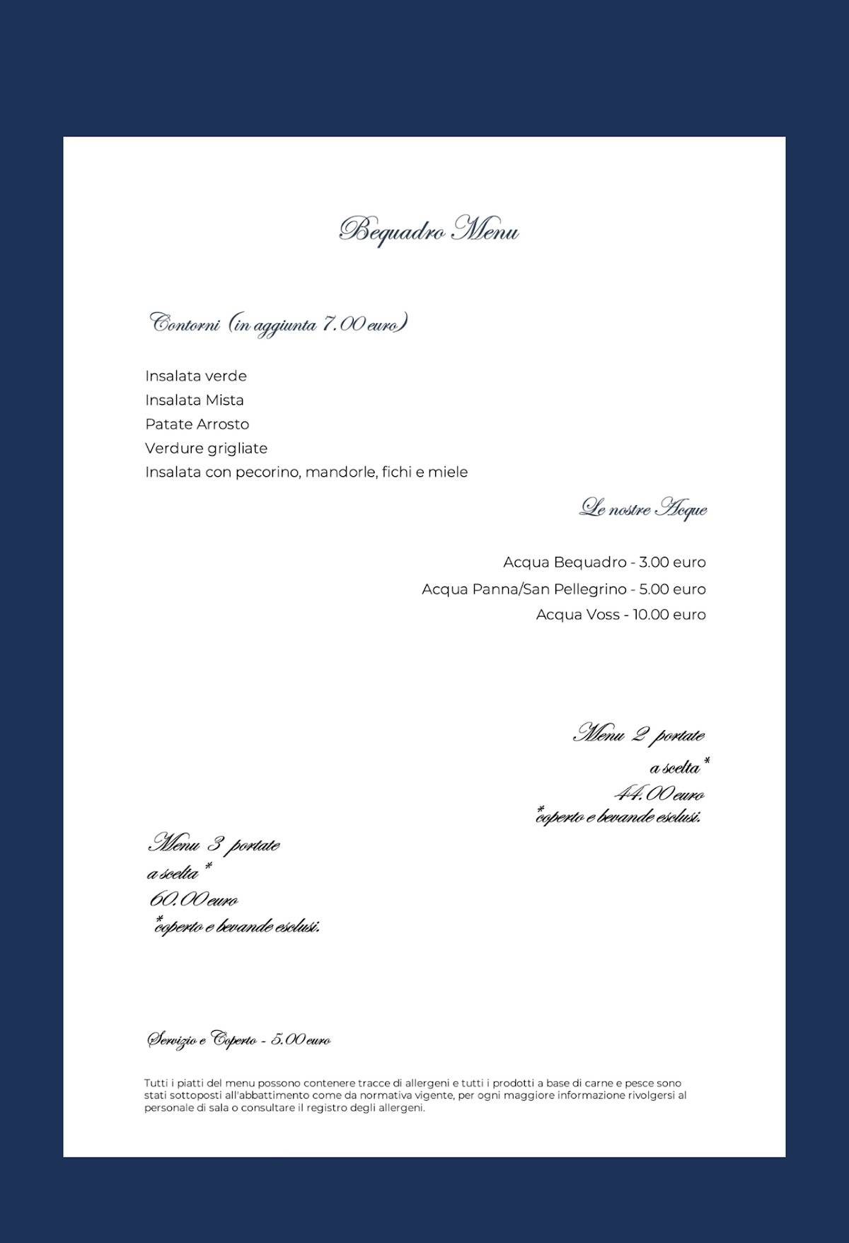 Menu di Bequadro Restaurant and Sound 