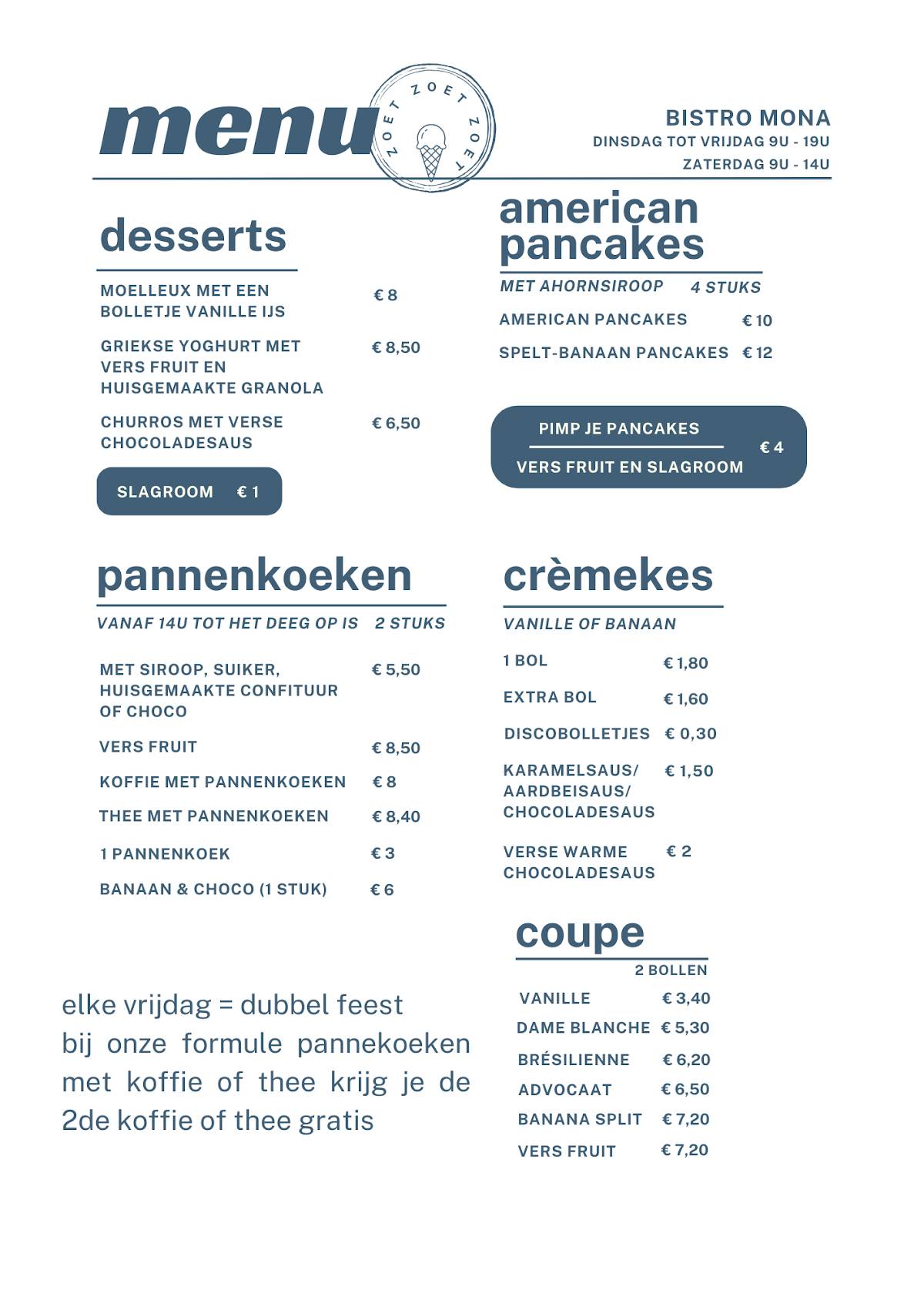 Menu de Bistro Mona Putte