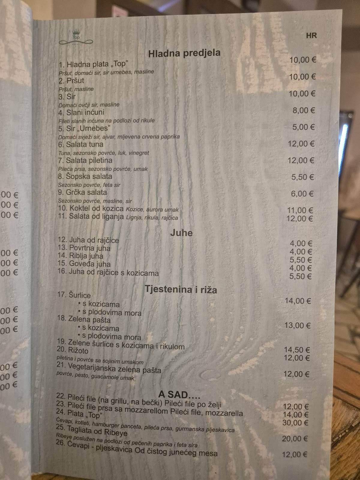 Menu de Bistro TOP