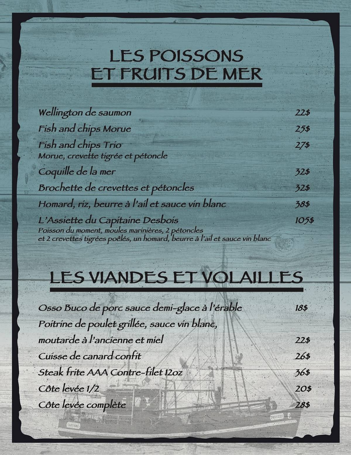 Menu au Bistro du Capitaine restaurant, Matane