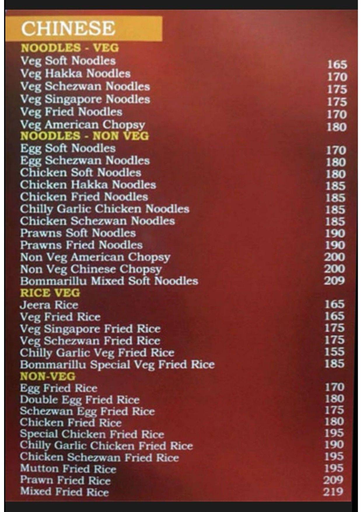 Bommarillu Family Restaurant & Banquet Hall menu