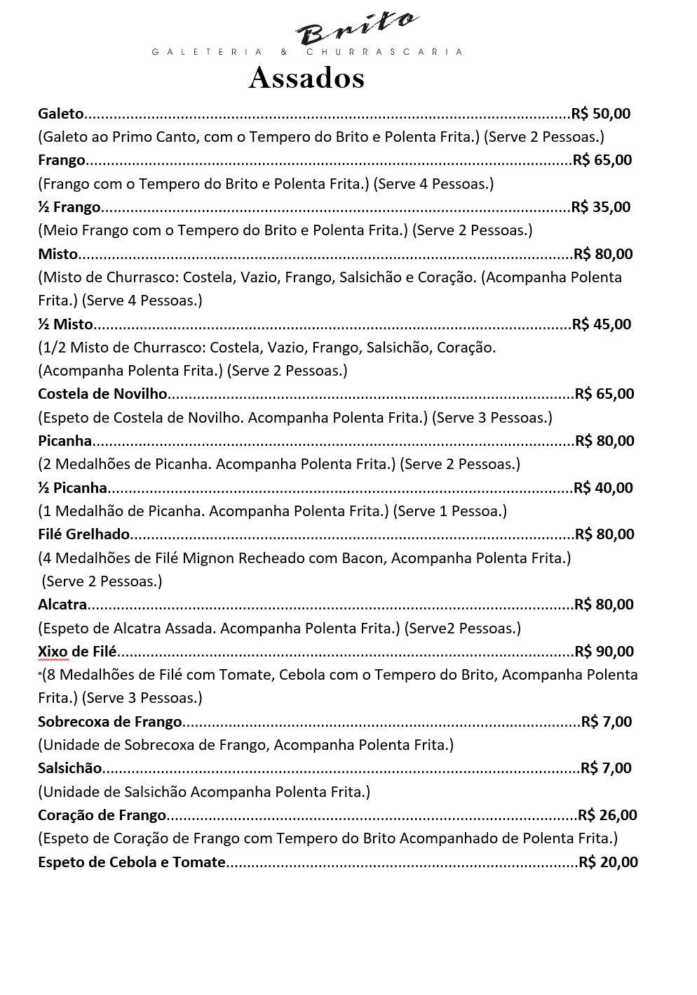 Brito - Galeteria & Churrascaria cardápio