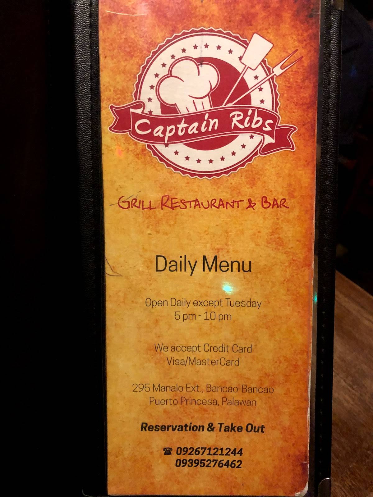 Menu at CAPTAIN RIBS restaurant, Puerto Princesa, BGY