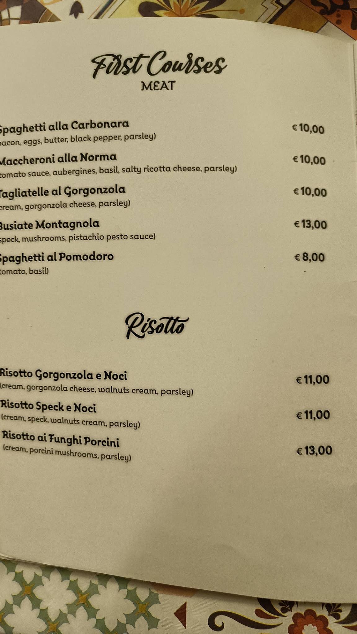 Menu di Calarossa 