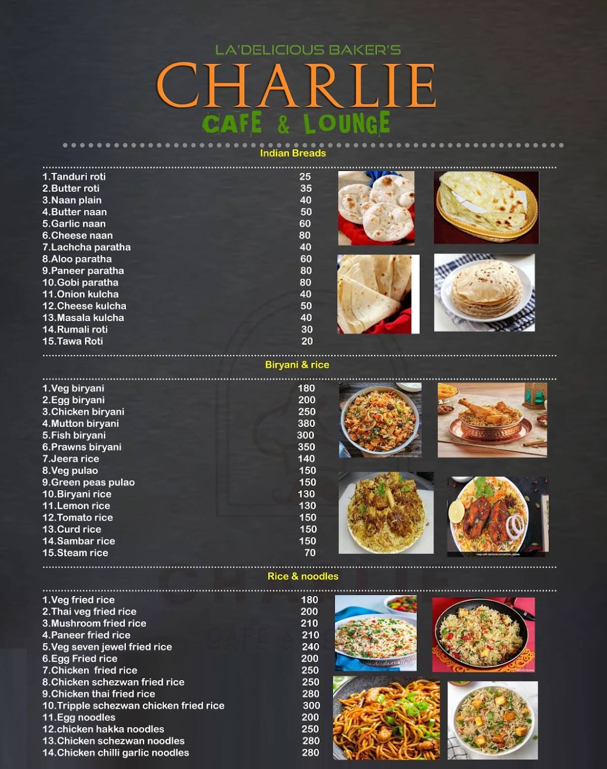 Charlie Cafe & Lounge menu