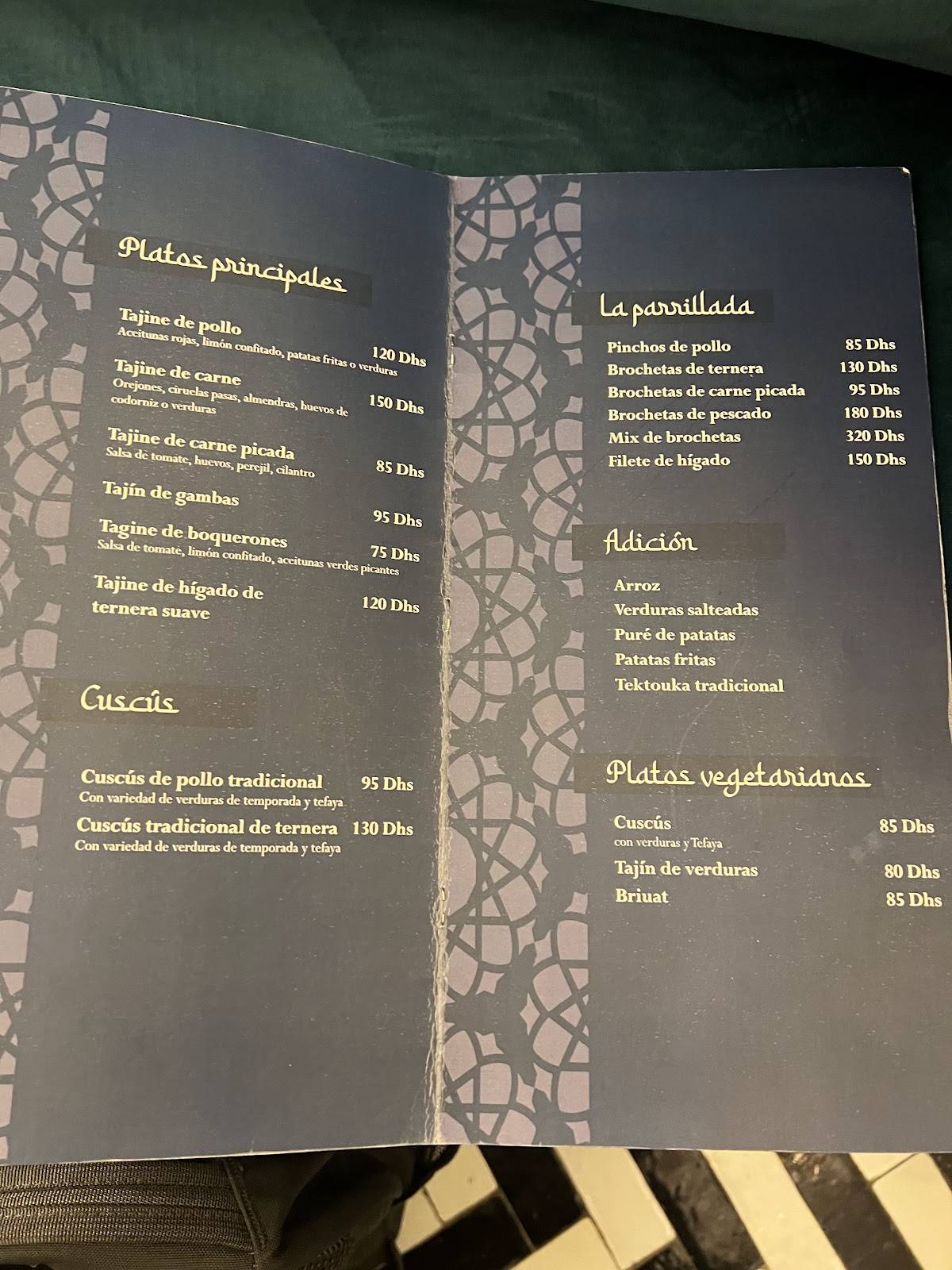 Menu de Dada restaurant