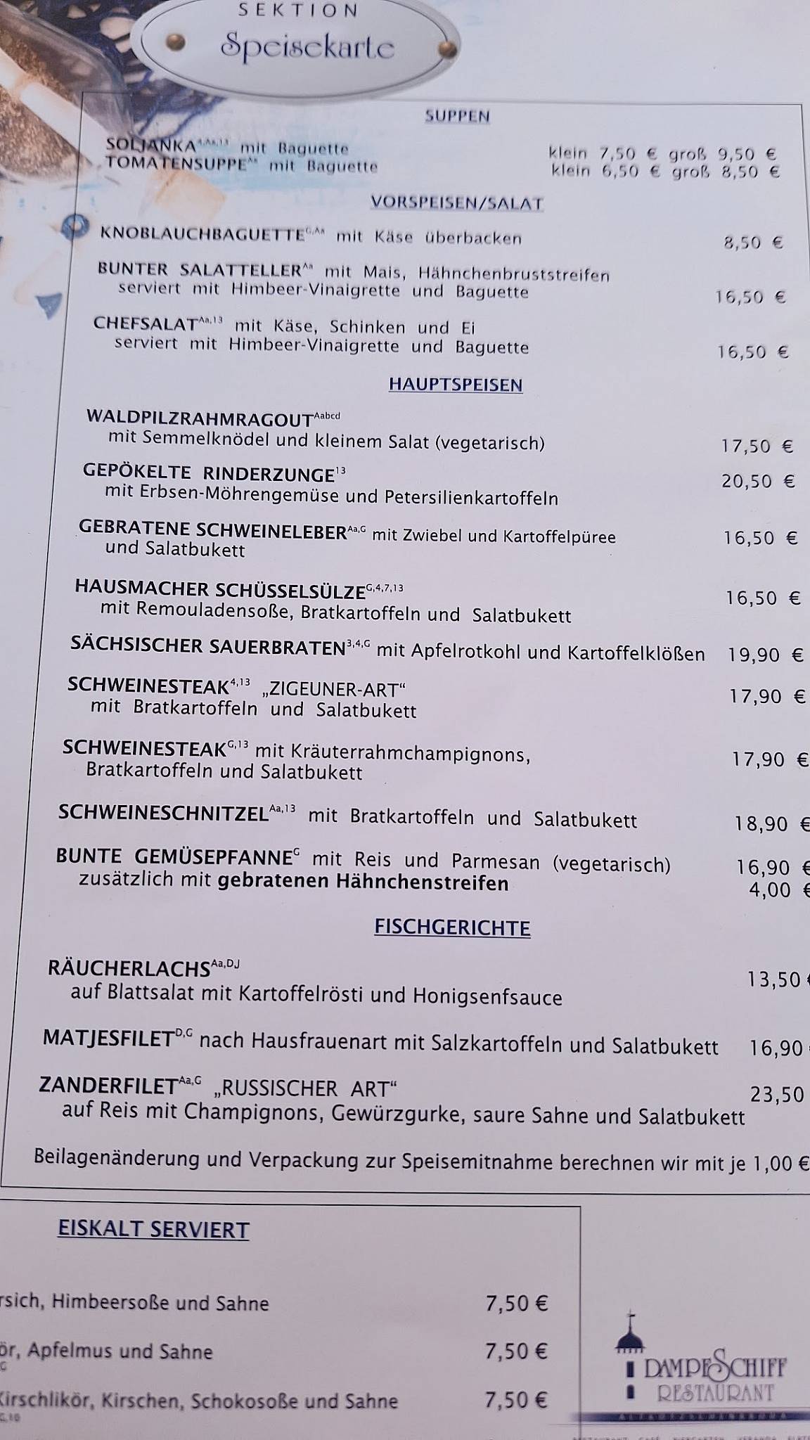 Menu de Restaurant Dampfschiff GmbH & Co KG