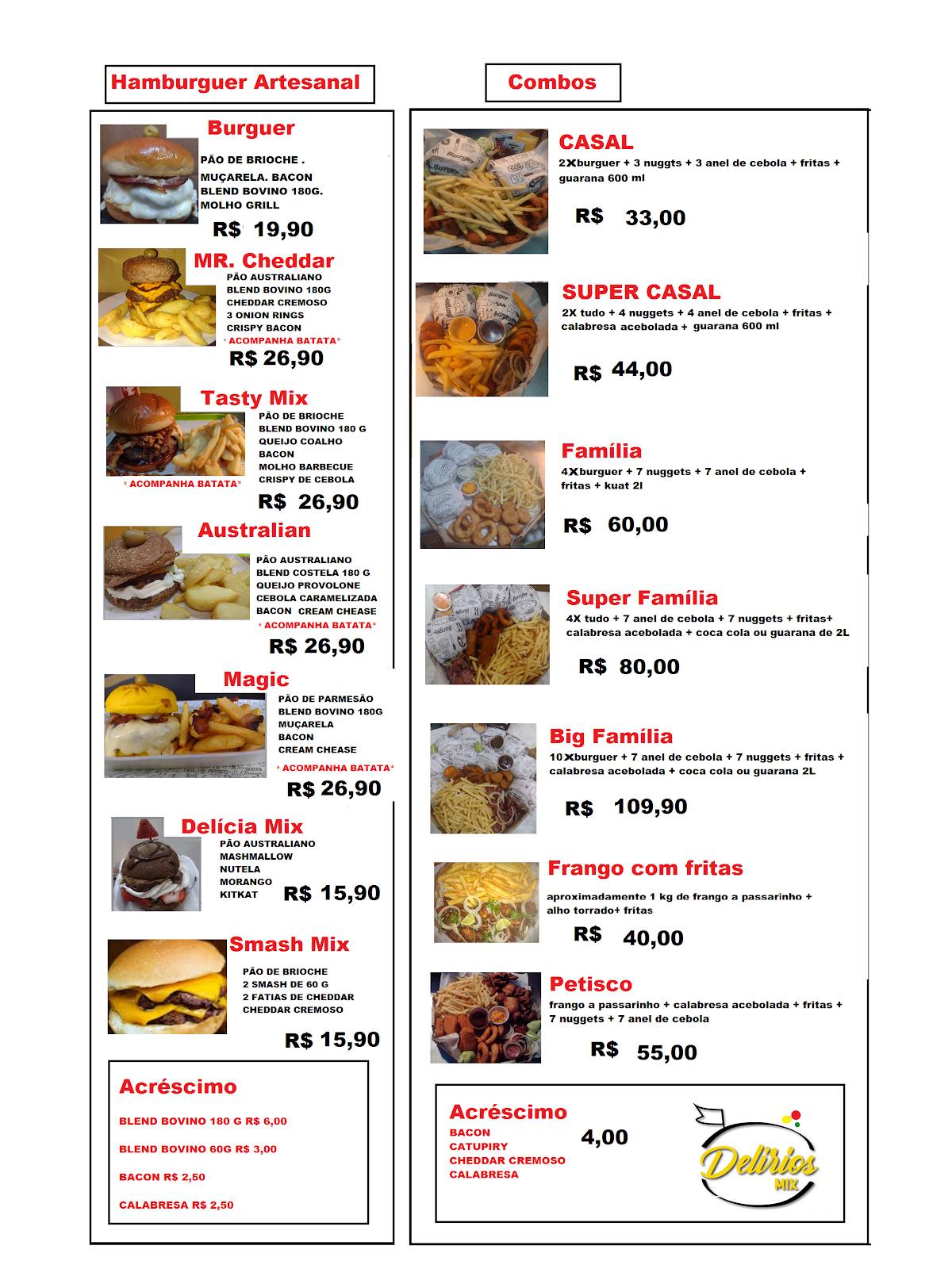 Delírios sucos mix cardápio