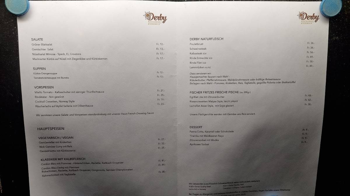 Menu di Restaurant Derby 