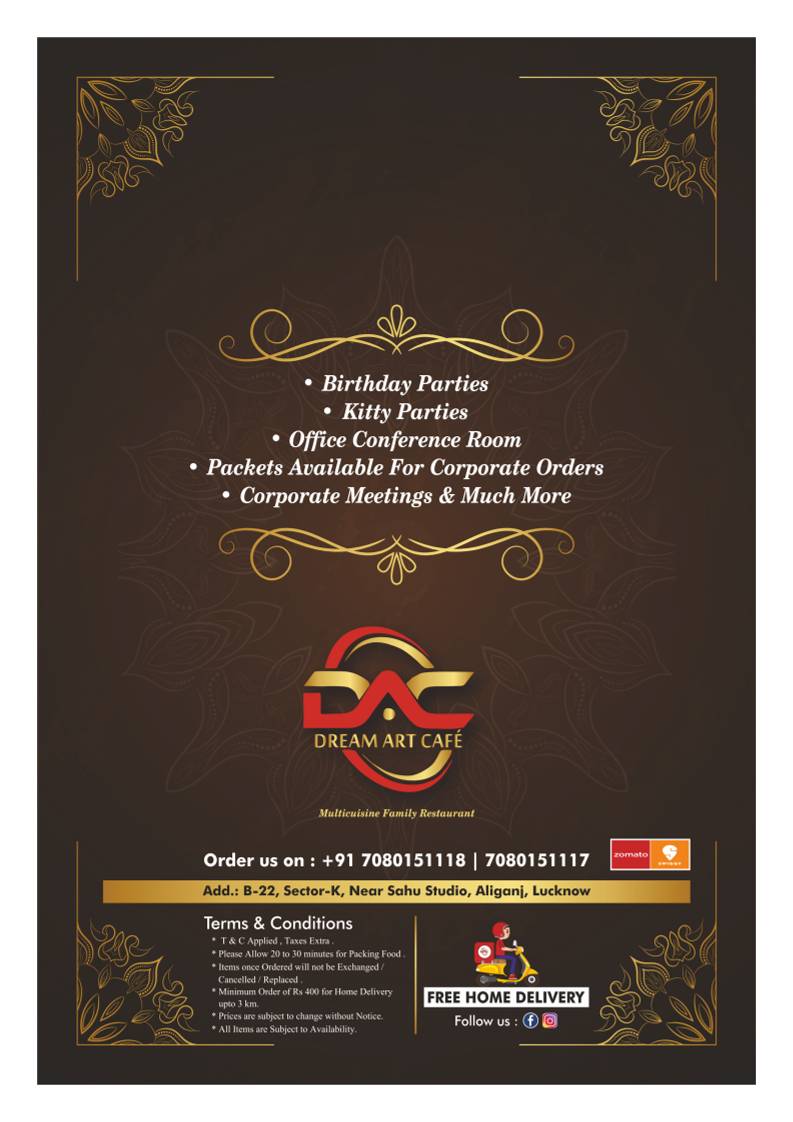 Dream Art Cafe Banquet & Restaurant - Jankipuram menu