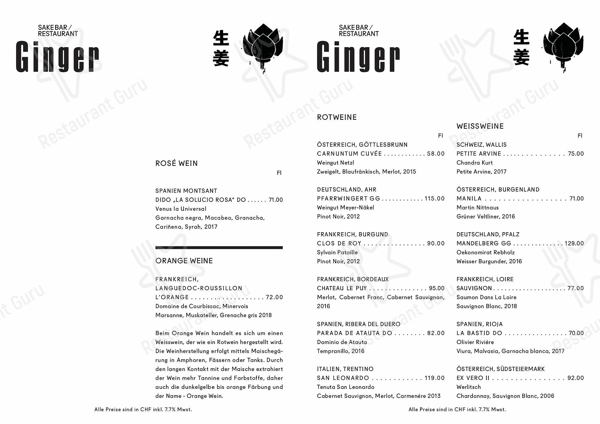 Ginger Restaurant dans Zürich - Carte menu