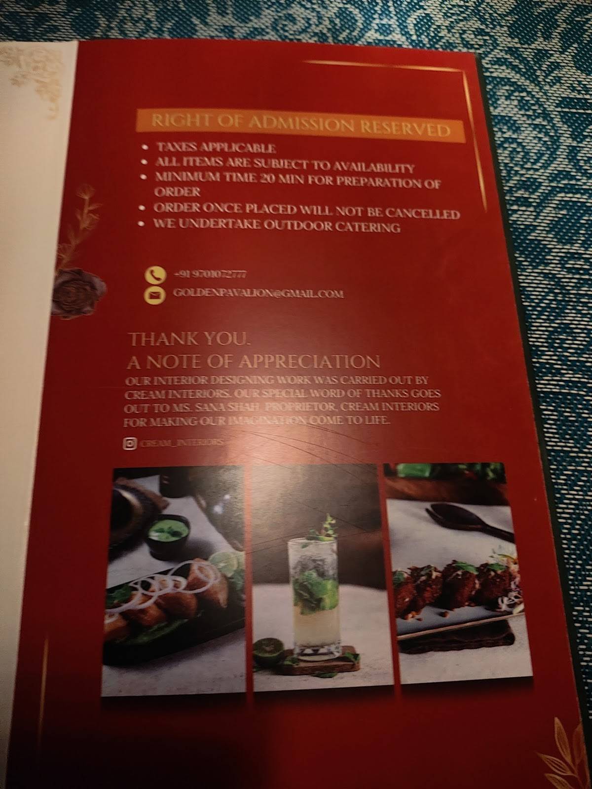 Golden Pavilion Fine Dine Restaurant menu