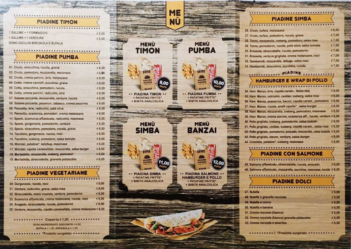 Menu di Hakuna Matata piadineria 