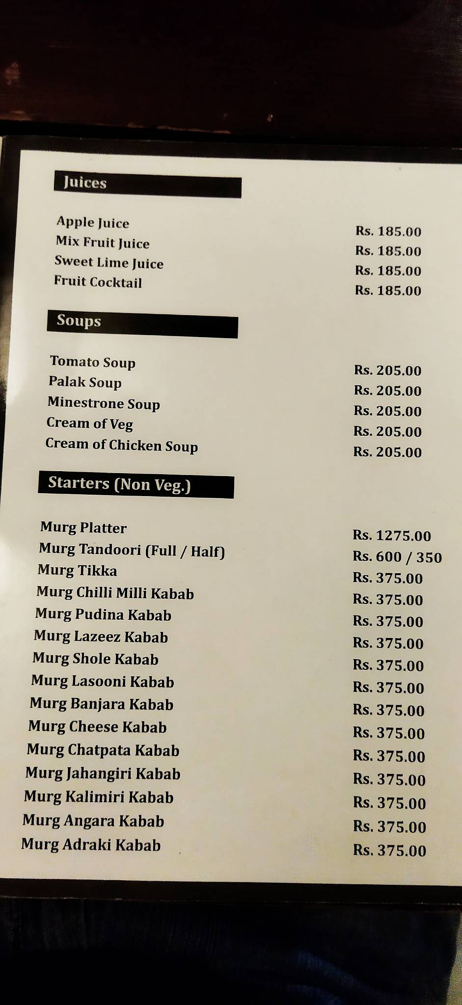 Harvest Club menu
