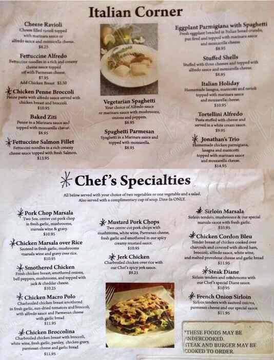 Menu at Jonathan's restaurant, Matthews