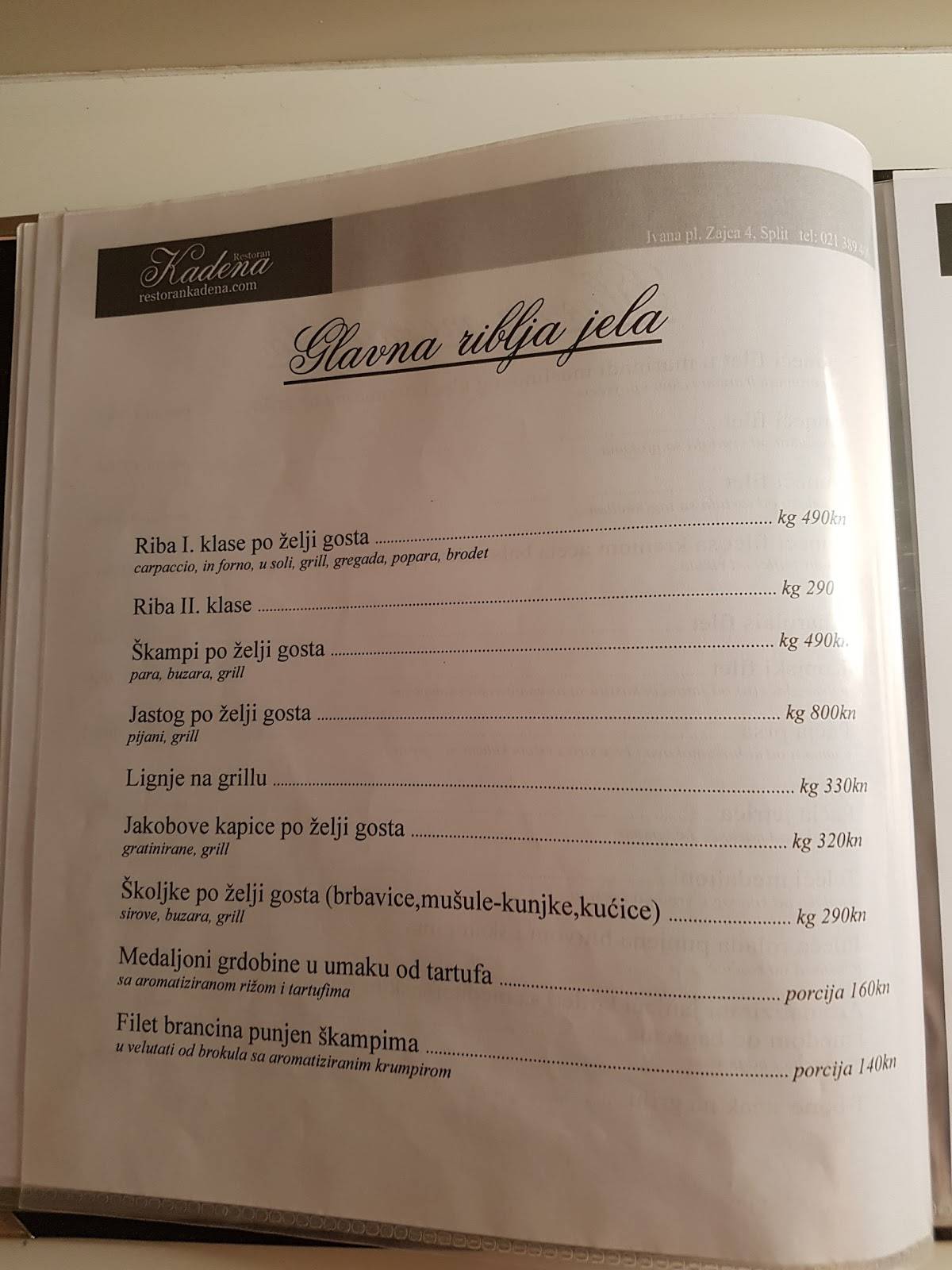 Menu at Restaurant Kadena, Split