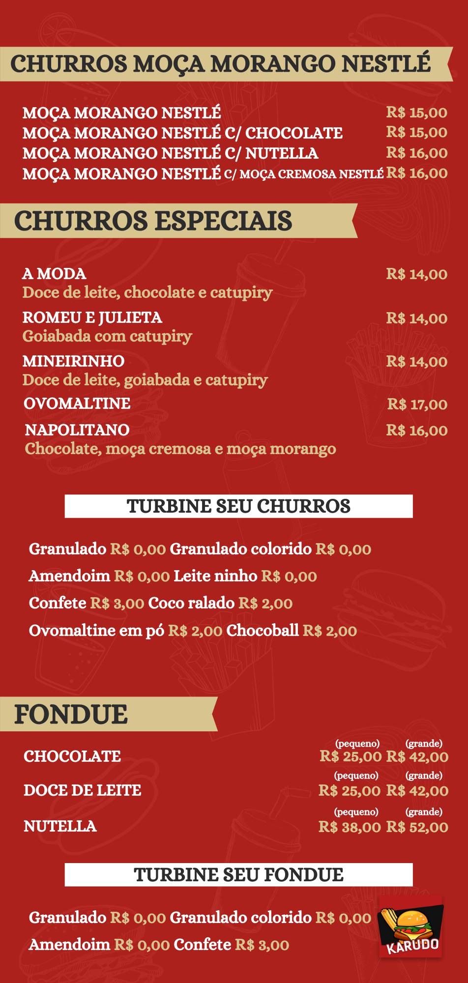 Karudo Lanches e Churros cardápio