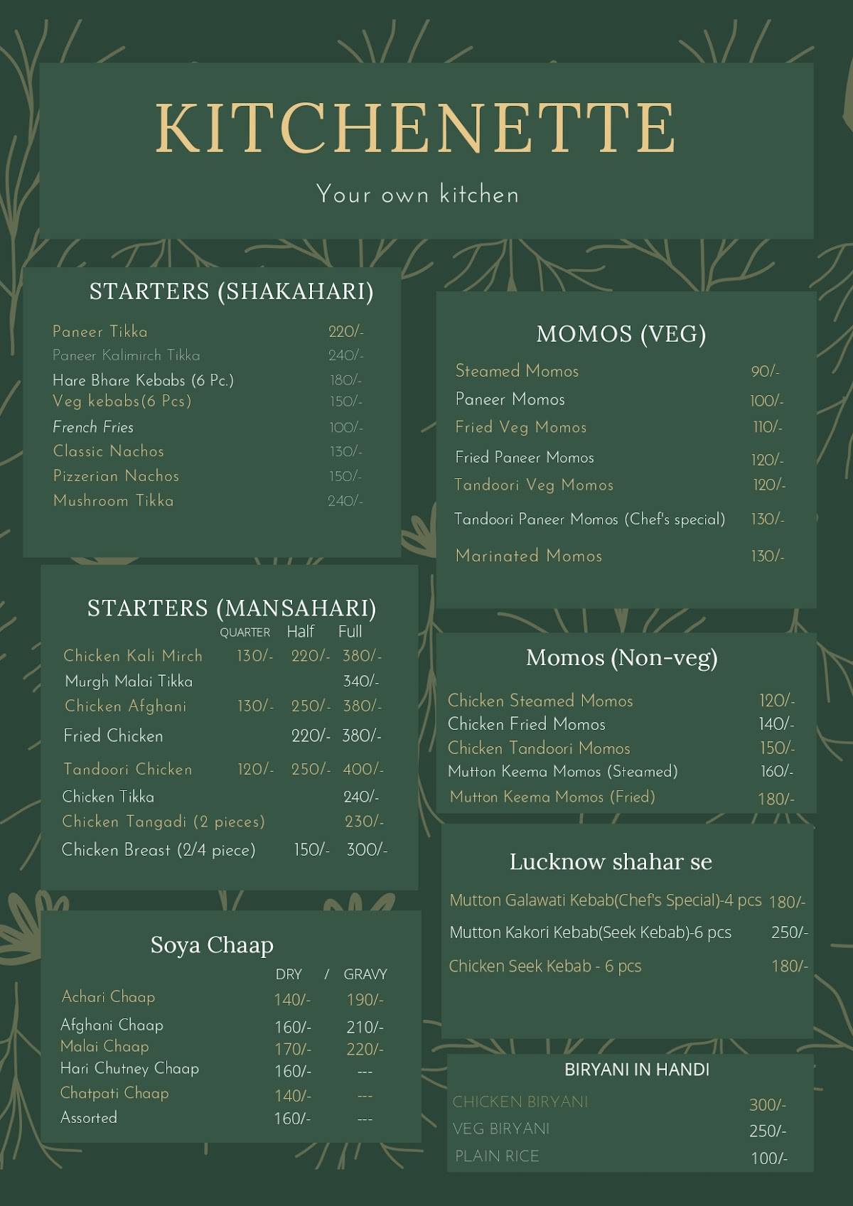 Kitchenette Your Own Kitchen menu