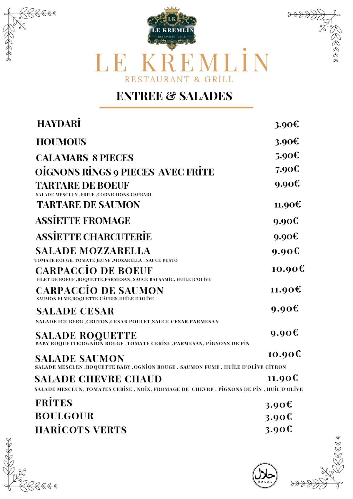 Menu de LE KREMLIN RESTAURANT GRILL