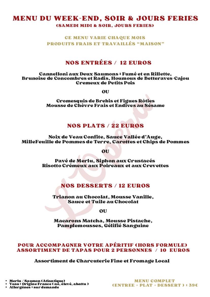 Menu de Restaurant L'Opéra