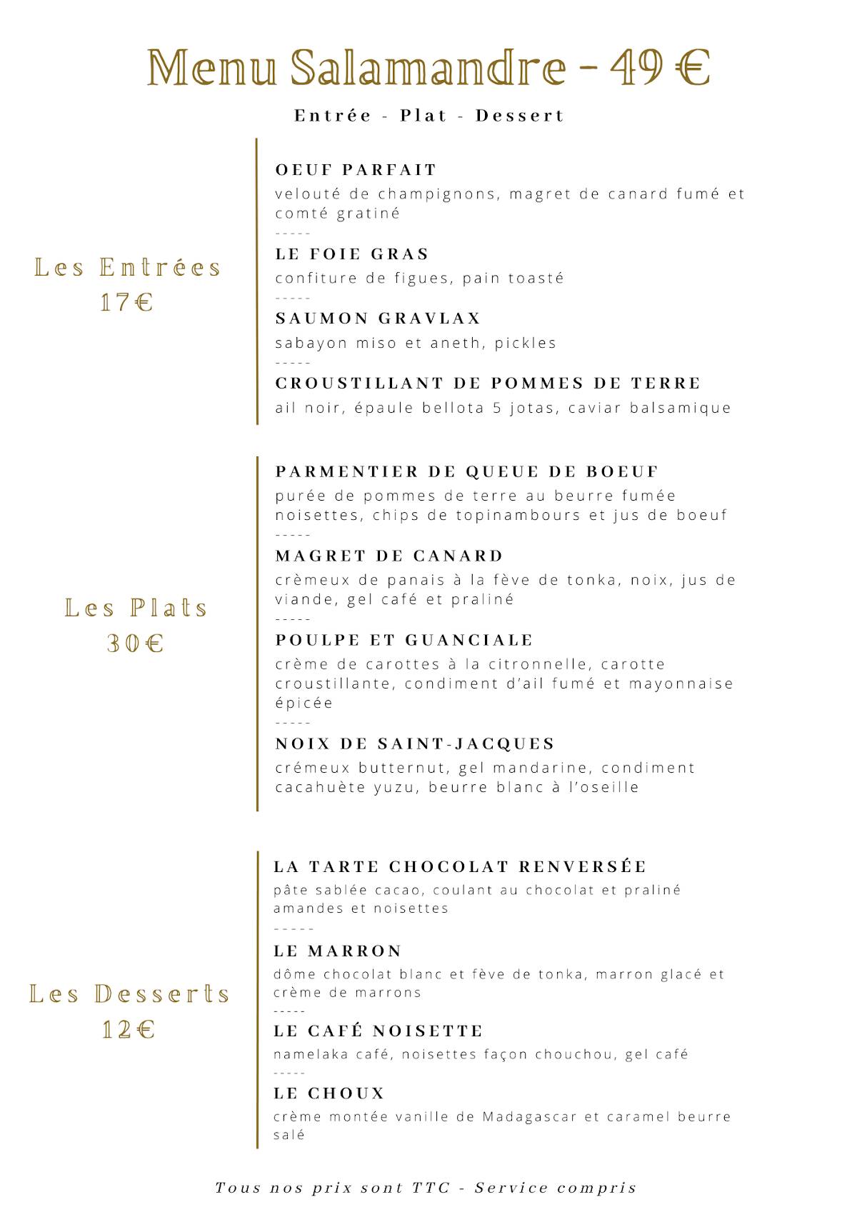 Menu de Restaurant La Salamandre